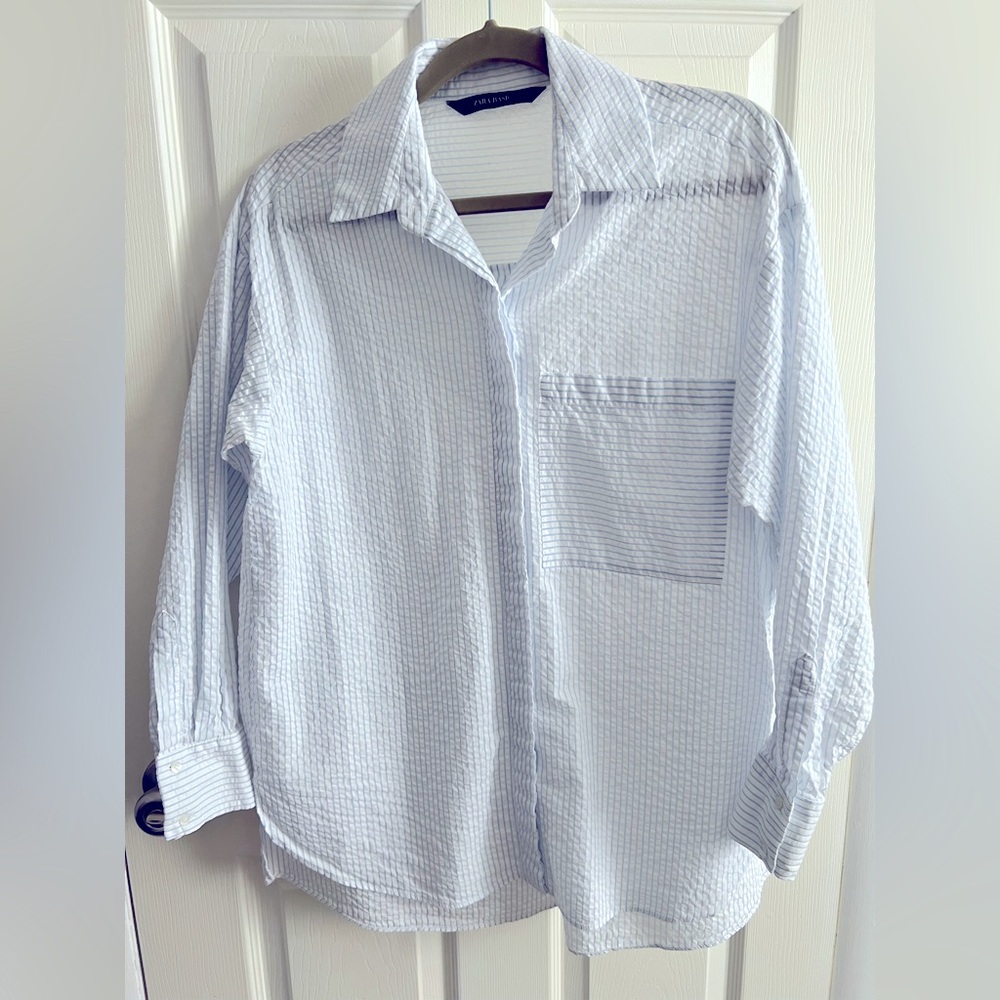 ZARA button down seersucker stripe long sleeve shirt